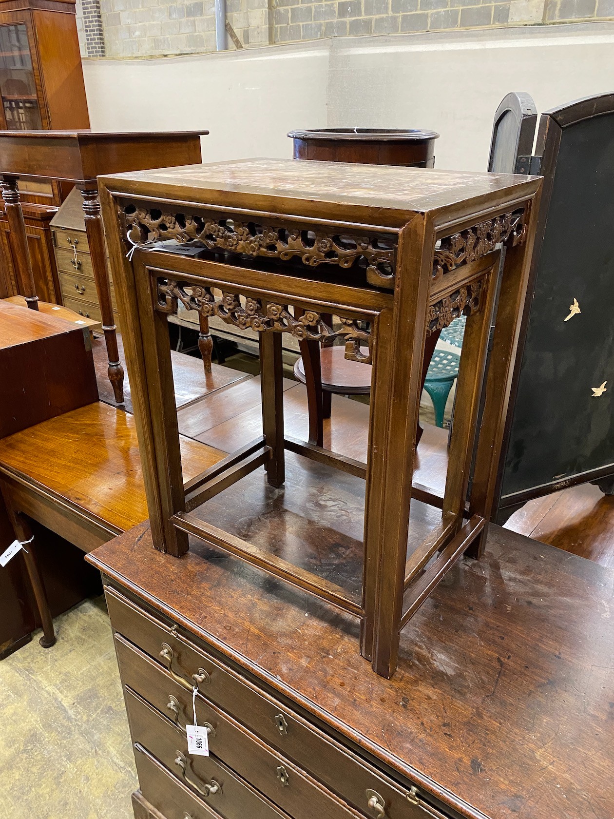 A nest of two rectangular marble top Chinese Hongmu wood tables, width 50cm, depth 35cm, height 64cm